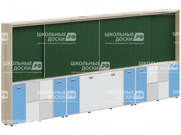 Рельсовая система досок с комплексом хранения, для начальных классов 4800х300х1930 мм для панели до 75" МКП.4.П.Н.1-Д.БСС (фасады - белый / серый / синий, корпус - дуб "Бардолино")