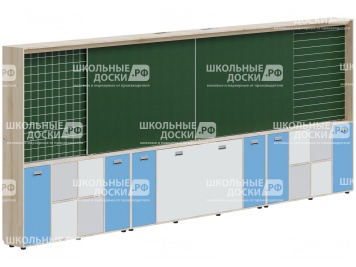 Рельсовая система досок с комплексом хранения, для начальных классов 4800х300х1930 мм для панели до 75" МКП.4.П.Н.4-Д.БСС (фасады - белый / серый / синий, корпус - дуб "Бардолино")