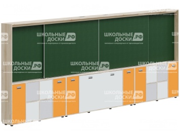 Рельсовая система досок с комплексом хранения, для начальных классов 4800х300х1930 мм для панели до 75" МКП.4.П.Н.1-Д.БСО (фасады - белый / серый / оранжевый, корпус - дуб "Бардолино")