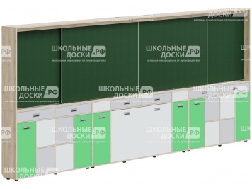 Рельсовая система досок АГРОТЕХ с комплексом хранения, для старших классов 4800х300х2080 мм для панели до 75" МКП.4.П.С.1-Д.БСЗ (фасады - белый / серый / зеленый, корпус - дуб "Бардолино")