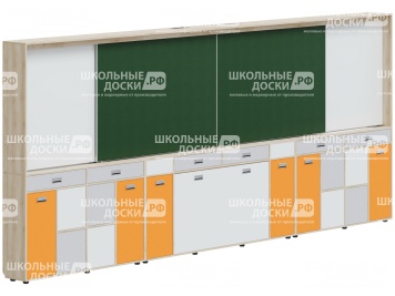 Рельсовая система досок с комплексом хранения, для старших классов 4800х300х2080 мм для панели до 75" МКП.4.П.С.3-Д.БСО (фасады - белый / серый / оранжевый, корпус - дуб "Бардолино")