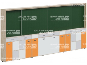 Рельсовая система досок с комплексом хранения, для старших классов 4800х300х2080 мм для панели до 75" МКП.4.П.С.1-Д.БСО (фасады - белый / серый / оранжевый, корпус - дуб "Бардолино")