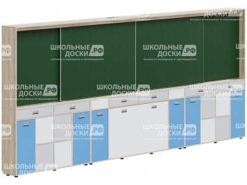 Рельсовая система досок с комплексом хранения, для старших классов 4800х300х2080 мм для панели до 75" МКП.4.П.С.1-Д.БСС (фасады - белый / серый / синий, корпус - дуб "Бардолино")