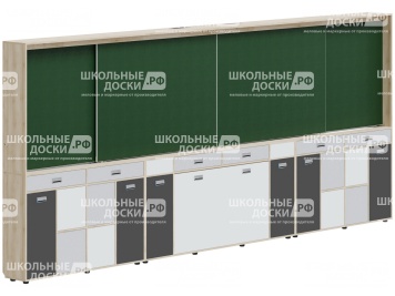 Рельсовая система досок с комплексом хранения, для старших классов 4800х300х2080 мм для панели до 75" МКП.4.П.С.1-Д.БСГ (фасады - белый / серый / графит, корпус - дуб "Бардолино")